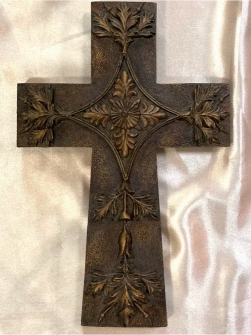 Vintage Ornate Decorative Wall Cross in Aged Bronze Tone